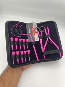 Kit de Herramientas para Extensiones de Cabello de Acero Inoxidable de Grado Quirúrgico, Color Rosa Intenso, con Logotipo Personalizado, Pinzas Reutilizables, Tijeras, Clips Metálicos - Product Image 1