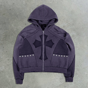 Sweat à capuche zippé surdimensionné pour homme, style rétro, avec rivets décoratifs, imprimé numérique, coupe courte, en molleton bouclette 450 g/m², délavé à l'acide, effet vieilli et patchwork - Product Image 3