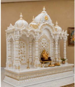 Mandir de prière hindou traditionnel en bois de teck massif avec dômes, finition blanche de luxe, armoire de temple en bois de teck massif - Product Image 2