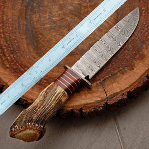 Cuchillo Bowie de hoja fija de Damasco de grado industrial de Pasha Enterprises, mango de asta de ciervo, espiga completa, cuchillo utilitario para exteriores. - Product Image 3