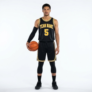 Oferta Especial: Conjunto de Uniforme de Baloncesto Personalizado con Ribete Negro y Dorado, Sublimado, de Malla, Sin Mangas, para Equipo, con Tecnología de Absorción de Humedad - Product Image 1