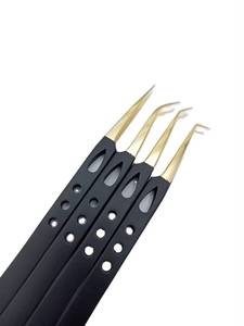 Ensemble de pinces à cils Morje en acier inoxydable plaqué or, 4 pièces, manche noir, pointe lisse, kit d'outils de précision pour cils avec boîte - Product Image 2