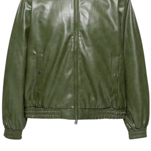 Blouson Bomber Homme Vert Olive en Cuir Véritable Style Streetwear Col Chemise Fermeture Éclair Manches et Ourlet Élastiques Coupe Décontractée Vêtement d'extérieur Premium - Product Image 5