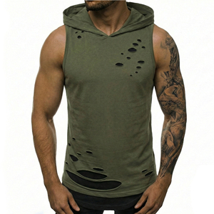 OEM Customizable Men's Layered <b>Distressed</b> Sleeveless Hoodie Workout Gym Fitness Ripped Muscle Tee Bulk Wholesale Price Tank <b>Tops</b> - Product Image 1