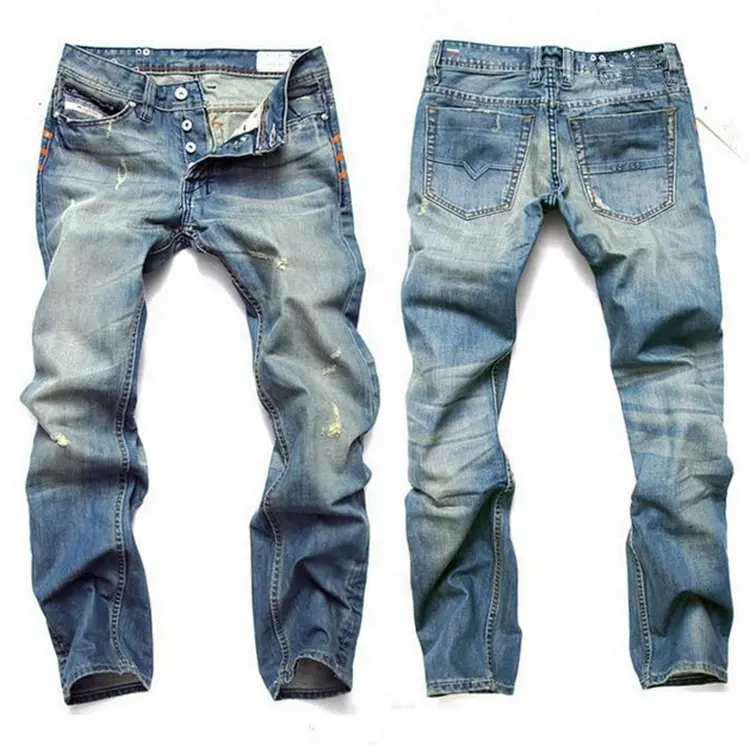 Mens Denim pants Distressed Straight Jeans Washed Slim Blue Man Jean true to size skinny Fashion jeans for men