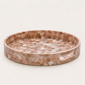 Plateau rond artisanal en nacre, mosaïque nid d'abeille, plateau décoratif avec poignées pour table basse, décoration intérieure - Product Image 3
