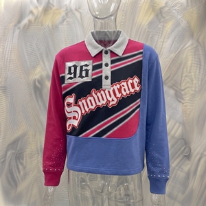 เสื้อเบสบอลแขนยาวสีสันตัดกัน Snowgrace ปักโลโก้ คอปกพับได้ ทรงปกติ เสื้อผ้าผู้หญิง - Product Image 3