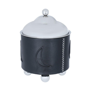 <b>Black</b> Leather And Silver Casserole Featuring A Crescent Moon Motif Stylish Chafing Dish Crafted For Elegant Dining And Serving - Product Image 1