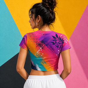 Custom Printed Women Y2K Collarless Crop Tee Digital Printing Hollow <b>Rainbow</b> Streetwear Summer Fashion Clothing OEM Manufacturer - Product Image 2
