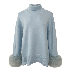 Suéter de cuello alto para mujer, jersey de punto de manga larga con puños de piel de zorro, color liso, top grueso de invierno - Product Image 5