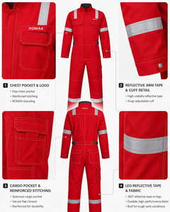 Red Silver Hi Vis Industrial Work Coverall Heavy Duty <b>Overall</b> Cargo Pockets Adjustable Cuffs Reinforced Stitching Spandex - Product Image 2