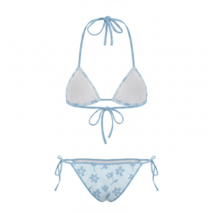 Premium 220 GSM Polyester Spandex Women <b>Bikini</b> <b>Set</b> Light Blue Floral Print <b>Triangle</b> Tie Side Swimwear Embroidered Logo - Product Image 2