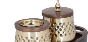 Ensemble de brûleurs d'encens de luxe en or martelé et bois, encensoir en bois de manguier Bakhoor en gros avec pot de rangement assorti et plateau de service ovale - Product Image 3