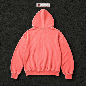 Sudadera con capucha extragrande rosa coral lavado con cremallera completa, estilo vintage streetwear, corte holgado y bolsillos de parche - Product Image 6