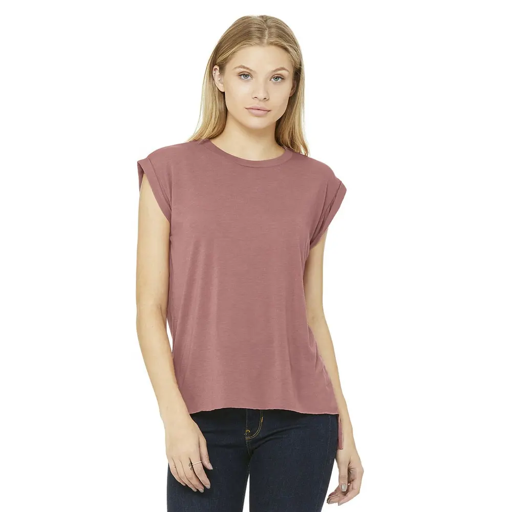 B + C maglietta da donna malva color 65% poliestere 35% viscosa rilassata, drappeggiata polsino arrotolato Hi low raw bottom hem flowy tee shirt