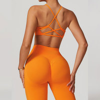Conjunto de Yoga sin Costuras de 2 Piezas, Top Corto de Cintura Alta y Leggings de Color Sólido con Tirantes Cruzados, Ropa Deportiva para Mujer