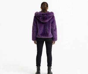 Purple Faux <b>Fur</b> <b>Hooded</b> <b>Jacket</b> Women Winter Short Zipper Closure Casual Warm Coat Full Sleeve Solid Color Standard Outerwear - Product Image 4