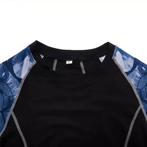 Custom Logo Men's Blue Rash Guard Long Sleeve <b>Compression</b> <b>Shirt</b> with Contrast Red Stitching for Mma <b>Gym</b> Training - Product Image 4