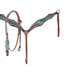 Exclusivo 100% cuero de vaca genuino occidental Headstall pecho collar conjunto hecho a mano con la mejor calidad directo al por mayor fabricante - Product Image 1