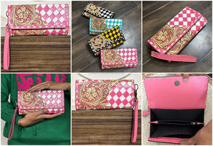 Portefeuille long en cuir artisanal à motifs floraux et à carreaux, rose mignon, sécurisé RFID, pour espèces, cartes et pièces de monnaie, pochette pour femme 2026 - Product Image 3