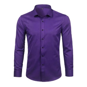 Chemise habillée décontractée pour homme à col montant uni, manches longues, tissée, boutonnée, infroissable, respirante, coupe classique, pour le printemps - Product Image 3