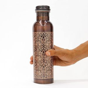 ขวดน้ำทองแดงแท้ พิมพ์ลายดอกไม้เคลือบเงา พกพาสะดวก พร้อมฝาปิด - Product Image 3
