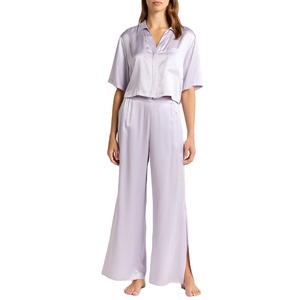 Custom Elegant Silk <b>Crop</b> Top Sleepwear Lapel Neck Sublimation Print Luxury Satin <b>Pajama</b> Set Flared <b>Pajamas</b> Woman's Set - Product Image 1