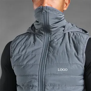 Men's Hooded Puffer Vest Turtleneck Zipper Front Logo Solid Color Windproof <b>Winter</b> Casual Slim Fit Polyester Wadding - Product Image 4