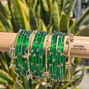 Luxury Handmade Emerald Green Kashmiri Bangle Set with Ghungroo Traditional Bridal Jewelry Gold Plated 16-Piece for Women - Product Image 6
