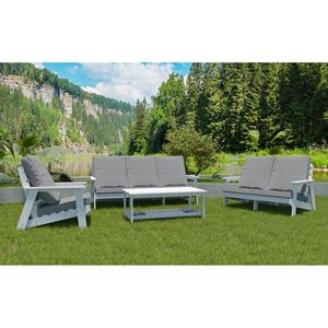Divano da Giardino a 3 Posti in HIPS con Cuscini Bianco/Grigio Effetto Legno, Arredamento da Esterno - Product Image 5