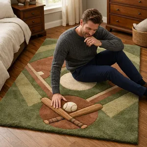 Tapis rectangulaire fantaisie en laine à motif terrain de baseball, à poils moyens, tufté à la main, lavable, avec envers fin en polypropylène, pour chambre à coucher - Product Image 1