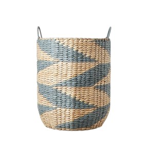 Blue Pattern Water Hyacinth <b>Basket</b> Handwoven <b>Storage</b> <b>Basket</b> for Laundry Blanket <b>Toy</b> Organizer Rustic Home Decor - Product Image 1