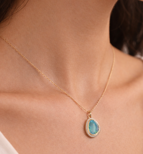 Collier pendentif opale double avec halo de diamants, or massif 10K 14K, bijoux fins minimalistes pour femmes, élégant cadeau de mariage - Product Image 4