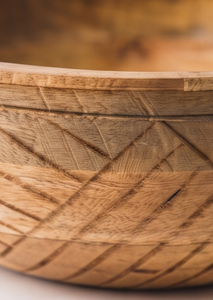 Natural Finish <b>Mango</b> <b>Wood</b> Serving <b>Bowl</b> Round Salad <b>Bowl</b> with Carved Exterior Geometric Angled Line Pattern - Product Image 5