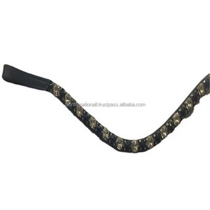 100% cuero genuino caballo ecuestre Fancy Brow Band con 1 fila de vidrio redondo plata y cristales negros Mega Bling Brow Band - Product Image 1