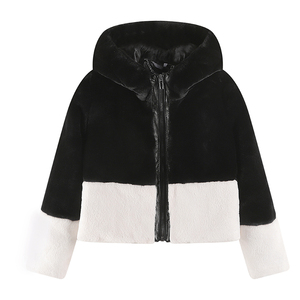 Veste courte à capuche pour femme en fausse fourrure color block, fermeture éclair, manteau chaud d'hiver à manches longues, design contrastant - Product Image 1