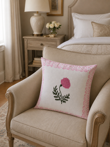 Traditional Hand <b>Block</b> Print Cushion Cover White Cotton Pink Flower Pillow Cover for Couch Bedroom and Sofa - Product Image 2