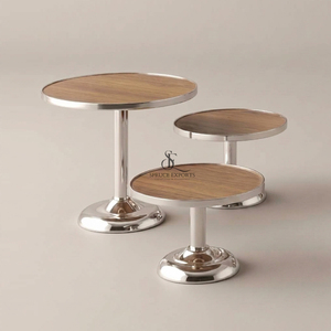 3-Piece Metal <b>Cake</b> <b>Stand</b> <b>Set</b> Features Round Shape Wooden Tops On Polished Silver Pedestals, Ideal For Luxury Buffet Display - Product Image 1