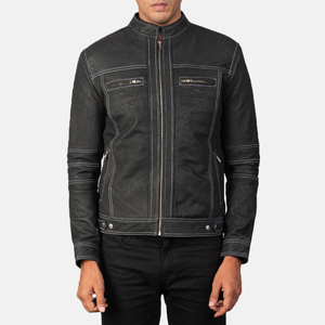 Men's Black PU Leather Moto <b>Jacket</b> Stand Collar Zipper Closure <b>Slim</b> <b>Fit</b> Washed Finish Biker Style Autumn Wear - Product Image 5