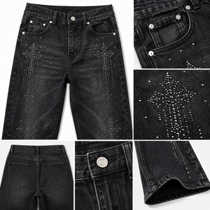 Jean en denim pour femme, taille mi-haute, respirant, avec strass et cristaux, coupe large, effet usé, style streetwear, 100% coton, fournisseur OEM - Product Image 6