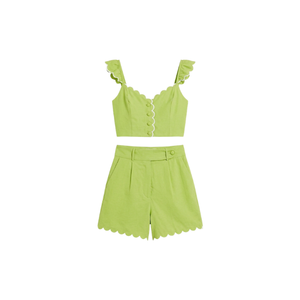 Hot Sale Yellow Solid Color Women's 2 Piece Shorts Set Sleeveless V-Neck Ruffle <b>Top</b> With High Waist Short Casual Spring/Summer - Product Image 4