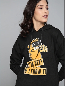 Sudadera con Capucha Negra para Mujer, Estampado de Dibujos Animados de Garfield, 'Soy Sexy y lo Sé', Corte Regular, Ropa Casual, 100% Algodón Tejido, Estilo Otoñal - Product Image 1