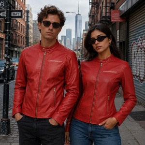 Chaqueta de Cuero Roja Unisex con Cuello Mao, Cierre Frontal y Diseño de Parche Personalizado - Product Image 3