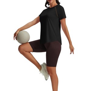 Camiseta Deportiva de Manga Corta para Mujer, Cuello Redondo, Color Negro Sólido, Manga Raglán, Corte Holgado, Secado Rápido, Tejido de Punto, Primavera Verano - Product Image 4