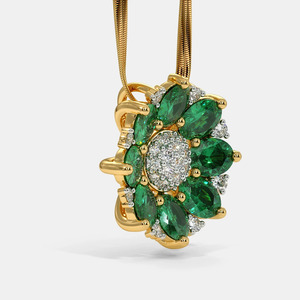 Yellow Gold <b>Emerald</b> Floral Halo Lab Grown Diamond <b>Pendant</b> Necklace - Product Image 3