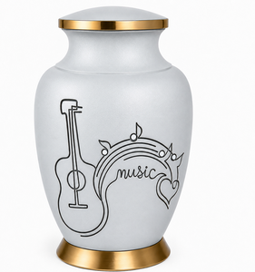 Urna Funeraria Moderna para Adultos con Temática Musical en Blanco Perla, con Grabado Elegante de Guitarra y Notas Musicales para Cenizas Humanas - Product Image 1