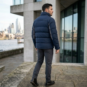 <b>Men</b> Padded Winter <b>Jacket</b> High Collar Quilted Color Block Outdoor Warm Zip Up Coat <b>Reflective</b> Sleeve Panel OEM ODM - Product Image 3