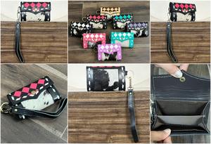 Monedero de Cuero Vacuno Hecho a Mano al por Mayor, Estilo Occidental, Patrón a Cuadros, Tarjetero con Anillo para Mujer - Product Image 3