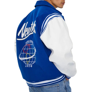 Blue Men's Varsity Jacket Embroidered Logo Patch Designs Turn-down Collar Single Breasted Casual Breathable Winter OEM Wholesale - Product Image 3