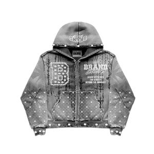 Ensemble de survêtement en molleton de coton épais imprimé et respirant, avec logo personnalisé et graphique en strass, pour homme, coupe large, vente en gros - Product Image 4